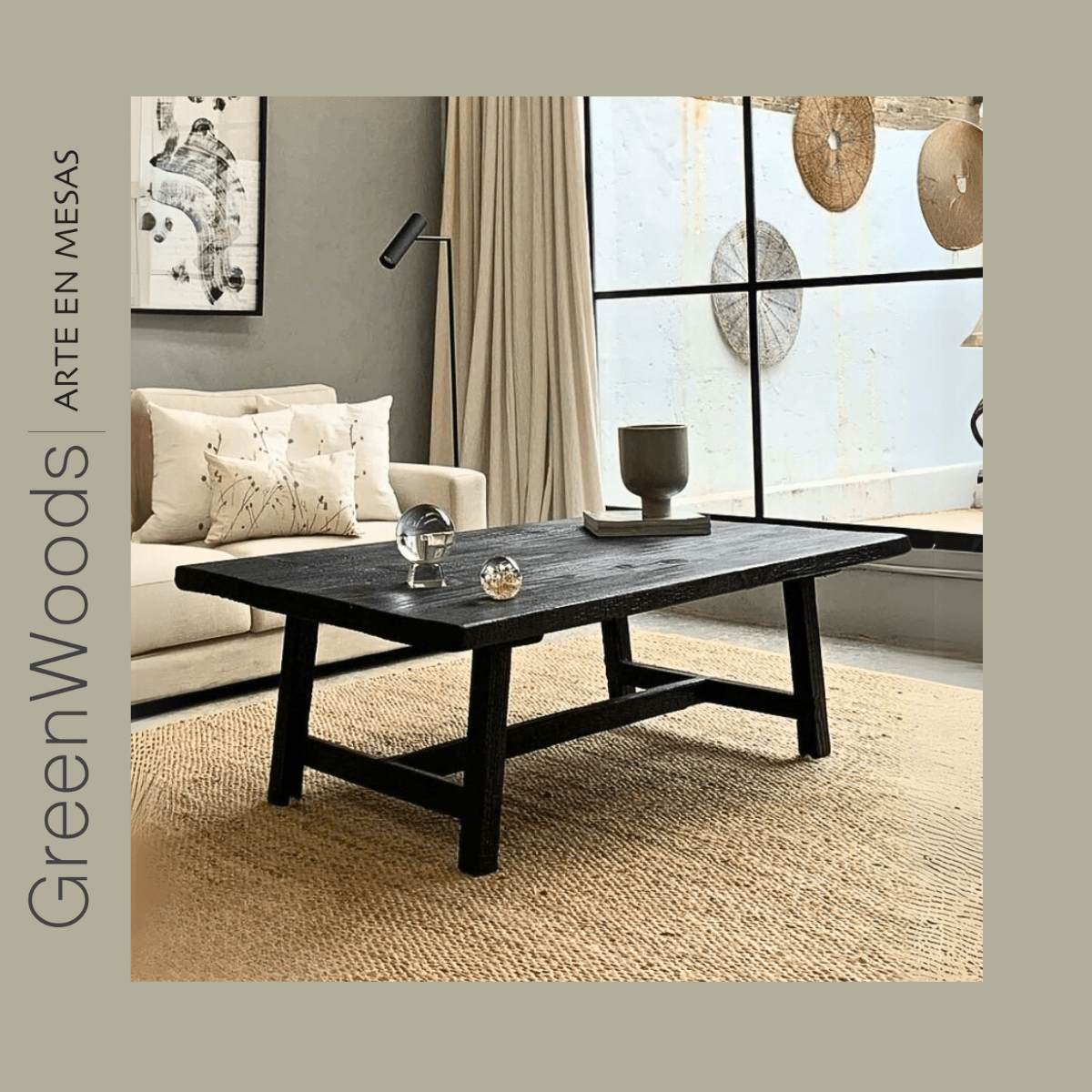 Mesa de centro Black en madera carbonizada negra – vista frontal | Greenwoods